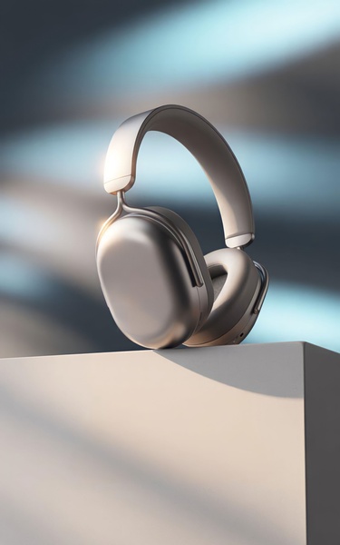 A high-end, clean product studio shot of wireless headphones resting on a minimalist pedestal, emphasizing a premium aesthetic through soft, professional lighting.