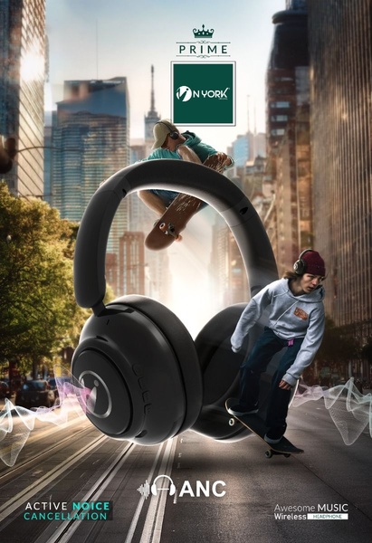 A high-energy, vertical ad creative featuring wireless headphones seamlessly blended into a fast-paced urban skateboarding environment.