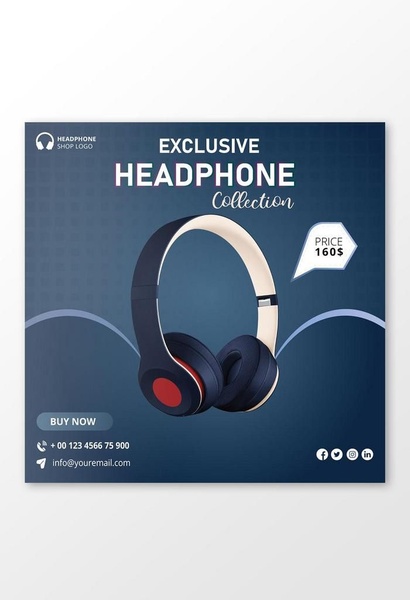 A clean, studio-lit hero shot of headphones against a dark grid background with price and contact information for a luxury feel.