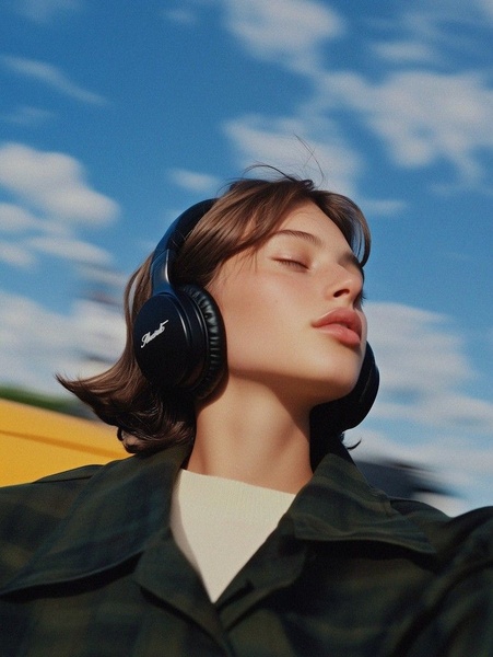 A close-up, high-aesthetic shot of a model wearing sleek black wireless headphones against a clear, sunny blue sky.