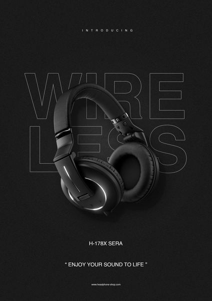 A high-contrast, minimalist product hero shot of wireless headphones featuring bold typography to emphasize the product name and core benefit.