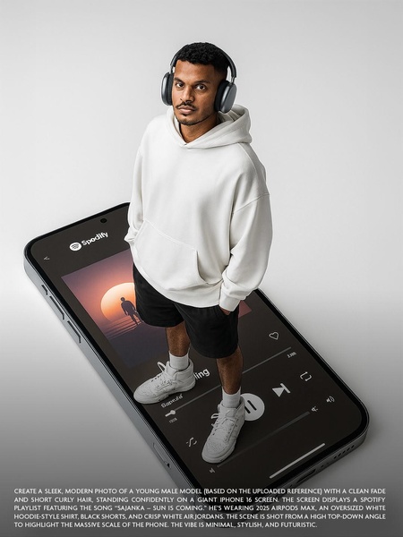 A high-concept image featuring a model standing on a giant smartphone screen displaying a music interface, emphasizing product presence through surreal scale.