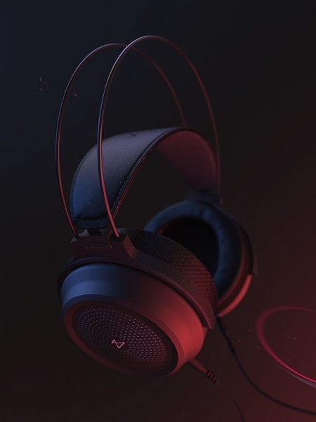 A high-fidelity studio product shot of a wireless gaming headset bathed in dramatic blue and red neon lighting.