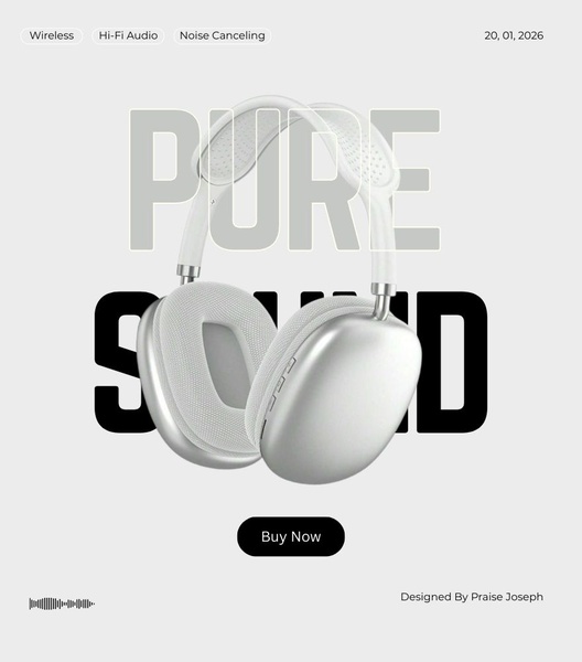 A high-fidelity minimalist product hero image for wireless noise-canceling headphones featuring bold typography and clean studio lighting.