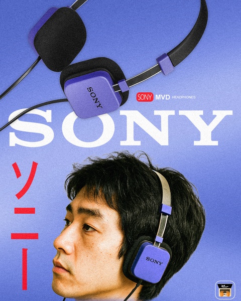 A high-impact product hero image featuring headphones in a retro-inspired, monochromatic blue color scheme with Japanese typography.