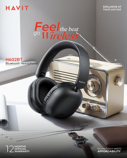 This creative features a clean, high-end product display of a Bluetooth headphone sitting next to a vintage radio, emphasizing a blend of modern tech and classic style.