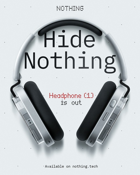 A high-contrast, minimalist studio shot of headphones centered against a dot-grid background with bold, direct typography.