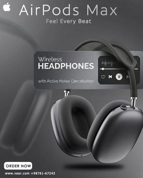 A clean, studio-lit ad featuring wireless headphones with a floating music interface, focusing on high-end audio quality and noise cancellation.