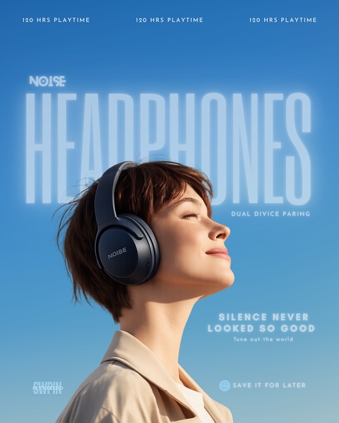 A high-quality lifestyle shot featuring a model wearing headphones against a clear blue sky, emphasizing the product's aesthetic and quiet performance.