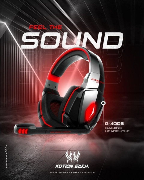 This creative showcases the G-4005 gaming headset with a moody, high-contrast lighting setup to emphasize audio quality and sleek product design.