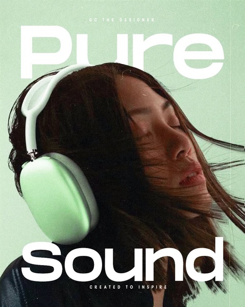 A close-up, high-fashion style portrait of a person wearing neon green over-ear headphones with eyes closed, emphasizing the immersive experience of high-quality audio.