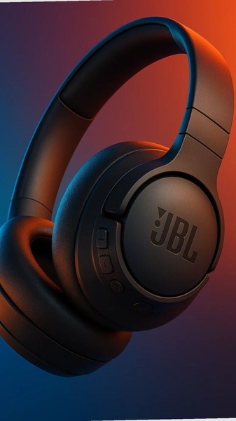 A close-up studio shot of black JBL headphones set against a high-contrast orange and blue gradient background.