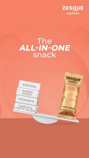 A 9:16 vertical graphic using a scale visual to weight protein, amino acids, vitamin E, and omega-3 fatty acids against the hemp seeds product pack.