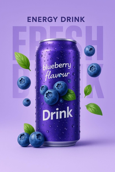 A high-impact product hero shot featuring a blueberry energy drink can surrounded by fresh blueberries and leaves against a monochromatic purple background.