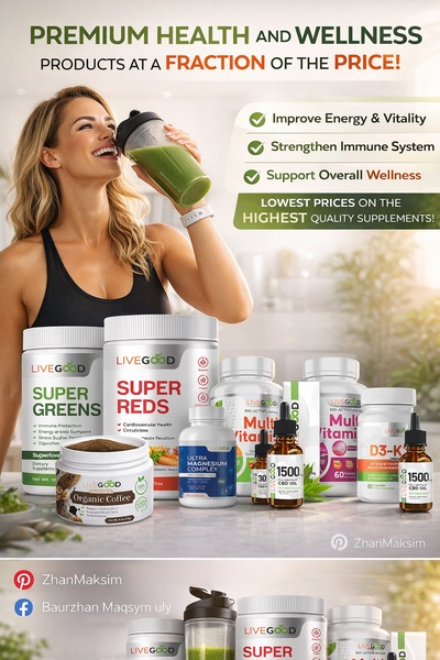 This ad features a happy customer consuming a healthy green drink surrounded by a complete range of dietary supplement products, clearly communicating value.