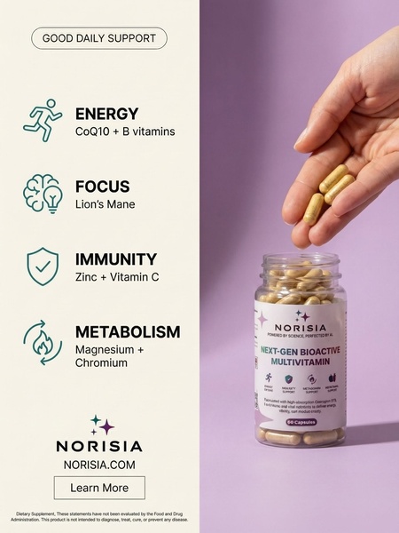 A vertical-format ad creative that maps specific ingredients to health benefits using icons and minimal text for quick consumption.