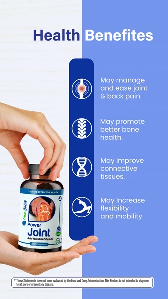A vertical-format ad creative featuring a product bottle held by hands, paired with an icon-driven list of health benefits and a blue background.