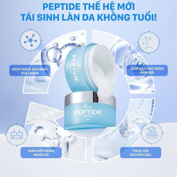 A clean 1:1 square graphic showcasing a peptide cream jar with callouts for key skin benefits, using a soft blue professional palette.