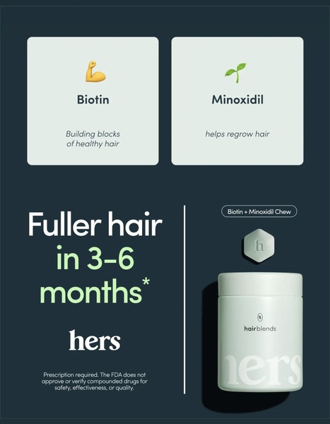 This ad creative uses a clean, educational split-panel layout to clearly articulate the specific roles of Biotin and Minoxidil in hair health.