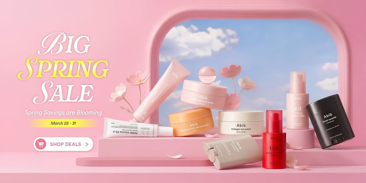 skincare products, face cream, eye patches, sun stick, glow serum, holiday sale, minimalist, editorial, fresh, playful, pink, pastel, spring campaign