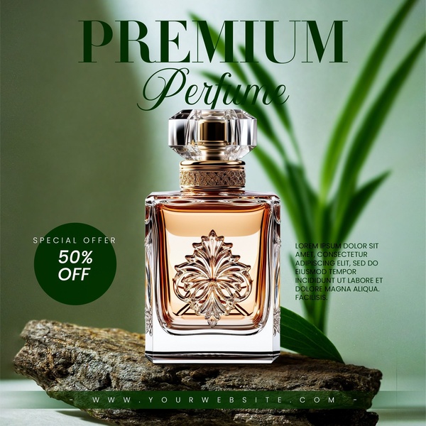 perfume, cologne, fragrance, scent, eau de parfum, discount offer, minimalist, editorial, luxurious, calm, green, neutral
