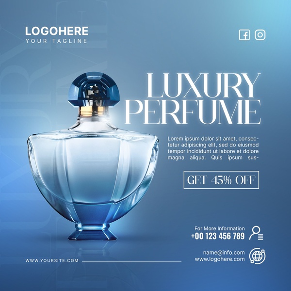 perfume bottle, glass perfume, fragrance bottle, luxury perfume, scent bottle, discount offer, minimalist, editorial, luxurious, bold, blue
