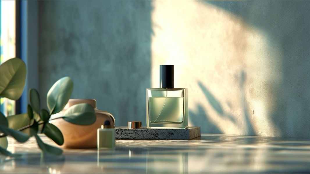 perfume bottle, glass fragrance bottle, scent bottle, cologne bottle, eau de toilette, brand awareness, minimalist, calm, luxurious, neutral, green