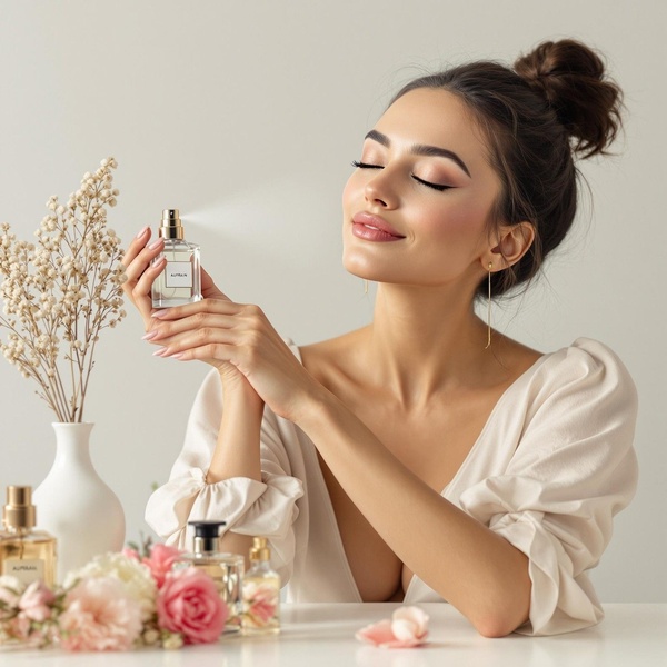 perfume, fragrance, eau de parfum, scent, cologne, brand awareness, lifestyle, minimalist, calm, luxurious, neutral, pink