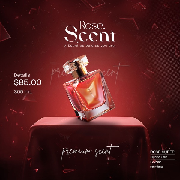 perfume, cologne, fragrance, eau de parfum, scent, product demo, minimalist, editorial, bold, luxurious, red, gold