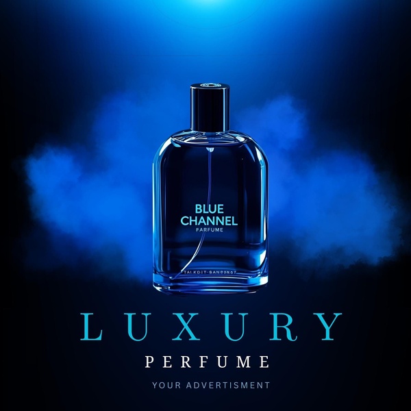 perfume bottle, cologne, fragrance, scent, eau de parfum, brand awareness, minimalist, luxurious, bold, blue, black