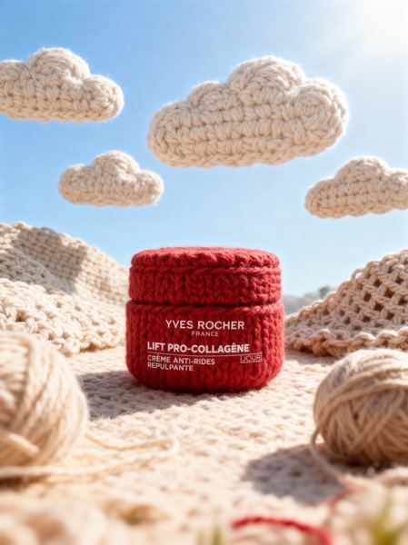 A high-quality product shot featuring a jar of face cream wrapped in matching yarn, set against a bright sky with knitted clouds.