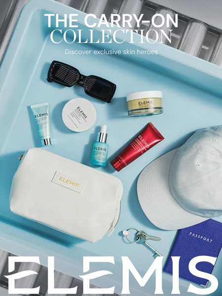 skincare kit, travel toiletries, facial cream, cleansing balm, serum, travel cosmetic bag, new arrival, brand awareness, flat lay, lifestyle, fresh, calm, blue, neutral