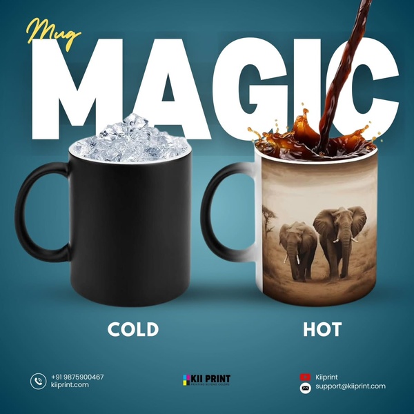 This creative demonstrates the heat-activated color changing property of a custom mug by showing a cold black state next to a hot, image-revealing state.