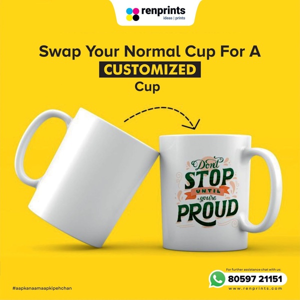 A minimalist, high-contrast advertisement showing the transformation from a standard blank white cup to a personalized, message-driven design.