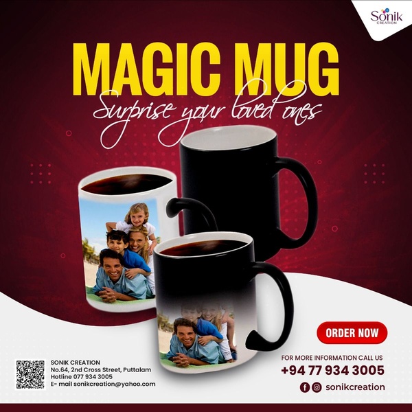 A square-ratio ad creative showcasing the heat-activated color-changing property of a custom photo mug, featuring a before-and-after visual effect.