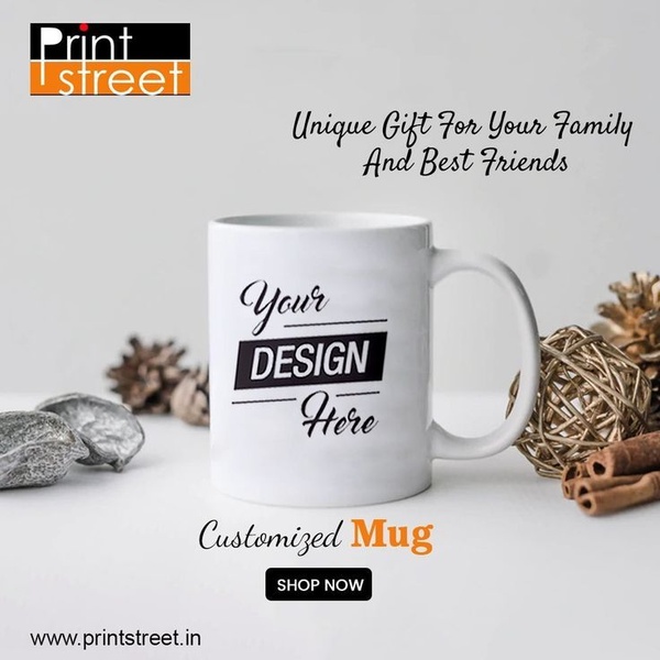 This creative features a clean, minimalist product-focused image of a white ceramic mug, clearly demonstrating customization potential with a direct shop-now call to action.
