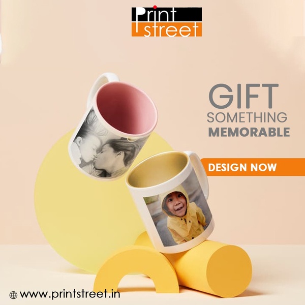 A minimalist, aesthetic advertisement showcasing two custom photo mugs balanced on geometric shapes to emphasize personalization.