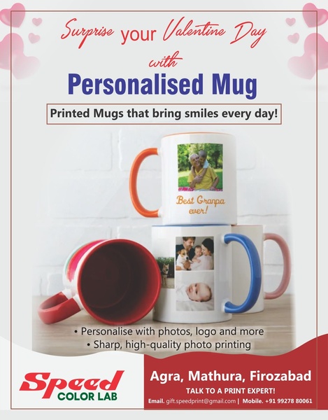 A festive product showcase featuring a stack of custom-printed photo mugs to highlight personalization options for Valentine's Day.