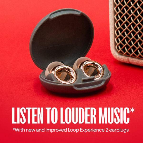 A close-up shot of metallic earplugs inside their charging case against a vivid red background, emphasizing a direct benefit-driven headline.