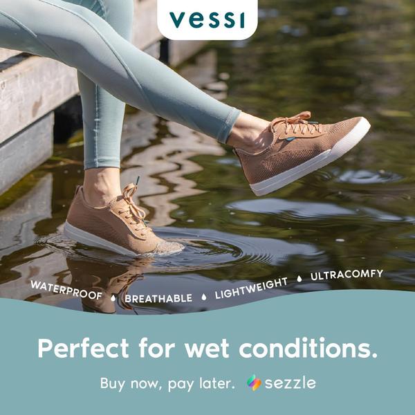 A lifestyle-focused social ad showing a user wearing waterproof sneakers while standing in shallow water, highlighting key product benefits through text overlays.