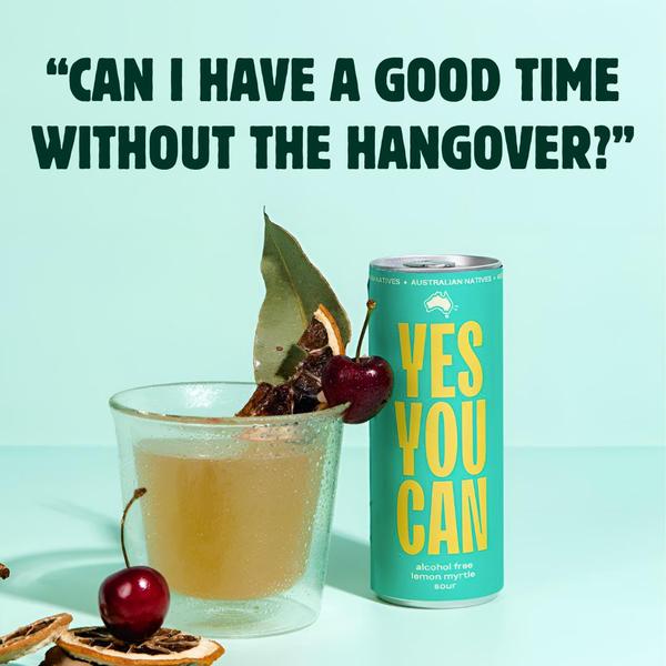 A high-contrast, studio-style shot featuring a can of alcohol-free lemon myrtle sour alongside a glass and garnish, using a provocative question to grab attention.