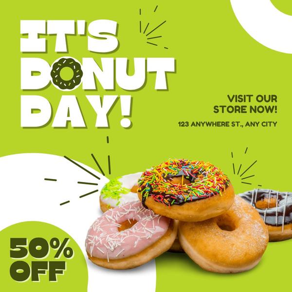 A high-contrast, visually appealing promotional ad for Donut Day, featuring a clear 50% discount offer and local store call-to-action.