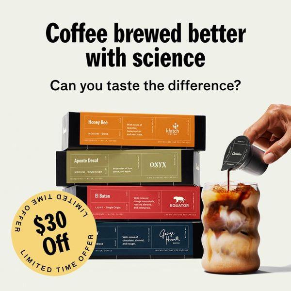 A high-contrast ad featuring a stack of coffee capsules next to a glass of iced coffee, emphasizing product variety and a scientific value proposition.