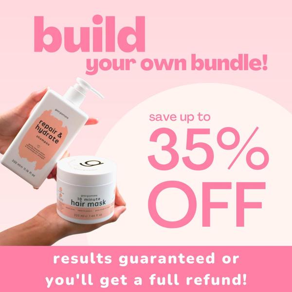 A square ad creative featuring a hair shampoo and mask being held, highlighting a build-your-own-bundle offer with a discount percentage.