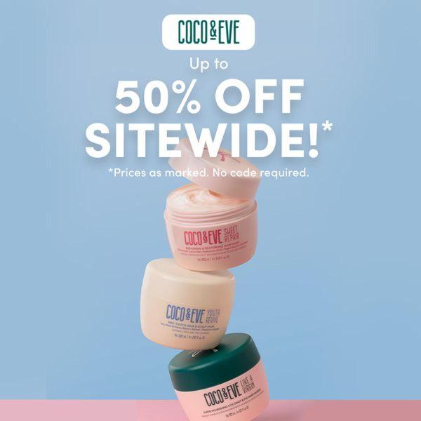 A clean, minimalist 1:1 graphic featuring a stacked arrangement of three hair mask jars against a soft blue background to promote a sitewide discount.