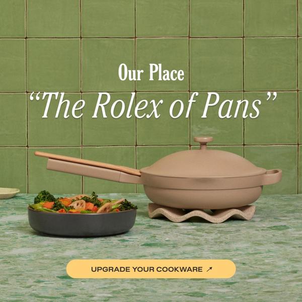 A minimalist ad featuring a premium non-stick pan set against a green tile background with a bold, aspirational headline.