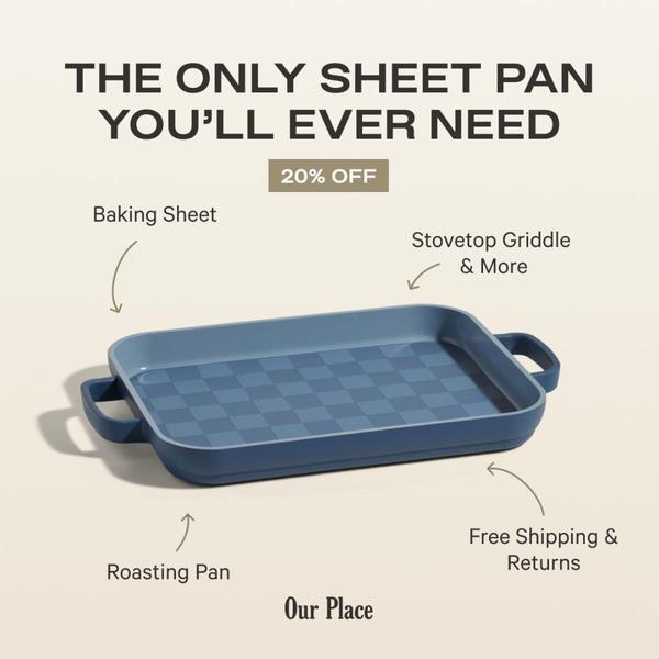 A clean, studio-lit ad creative highlighting the versatility of a modern kitchen sheet pan with clear text callouts and value propositions.