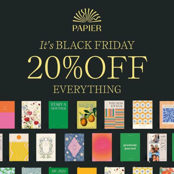 A clean grid-style layout showcasing a wide range of colorful planners and journals with a clear, bold Black Friday discount offer.