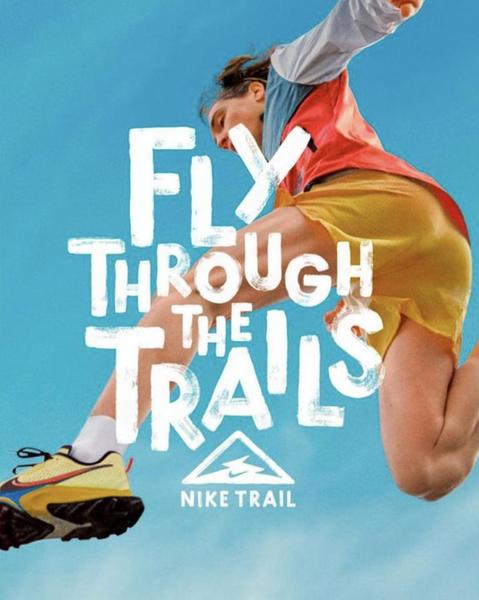 A dynamic shot of a runner mid-air, emphasizing performance footwear against a bright blue sky with bold, hand-lettered text overlay.