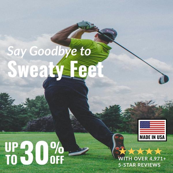 This 1:1 square ad uses a high-action golfer visual coupled with a clear pain-point hook and social proof to drive immediate consumer interest.